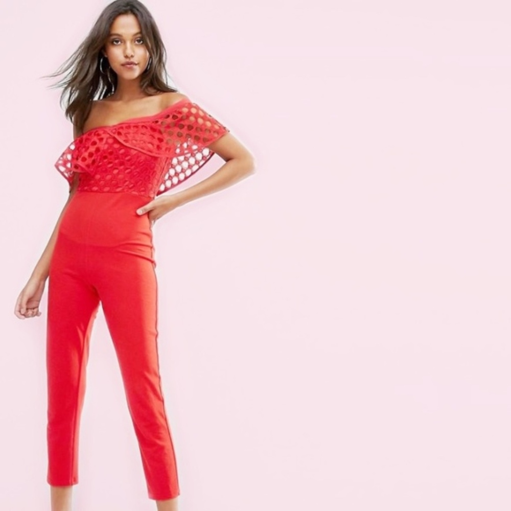 Missguided Frill Lace Bodice Red Jumpsuit